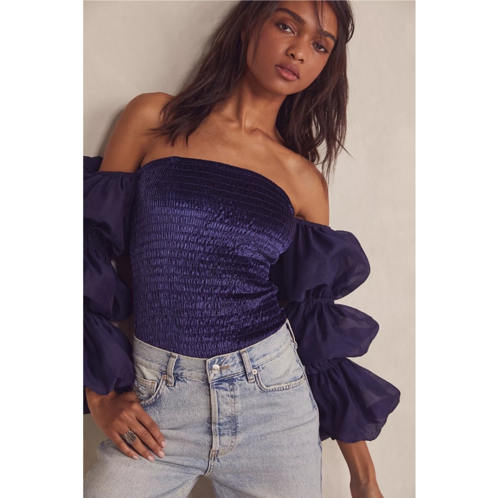 NWOT Free People Romantic Off Shoulder Puff Sleeve Blue Velvet Smocked Bodysuit